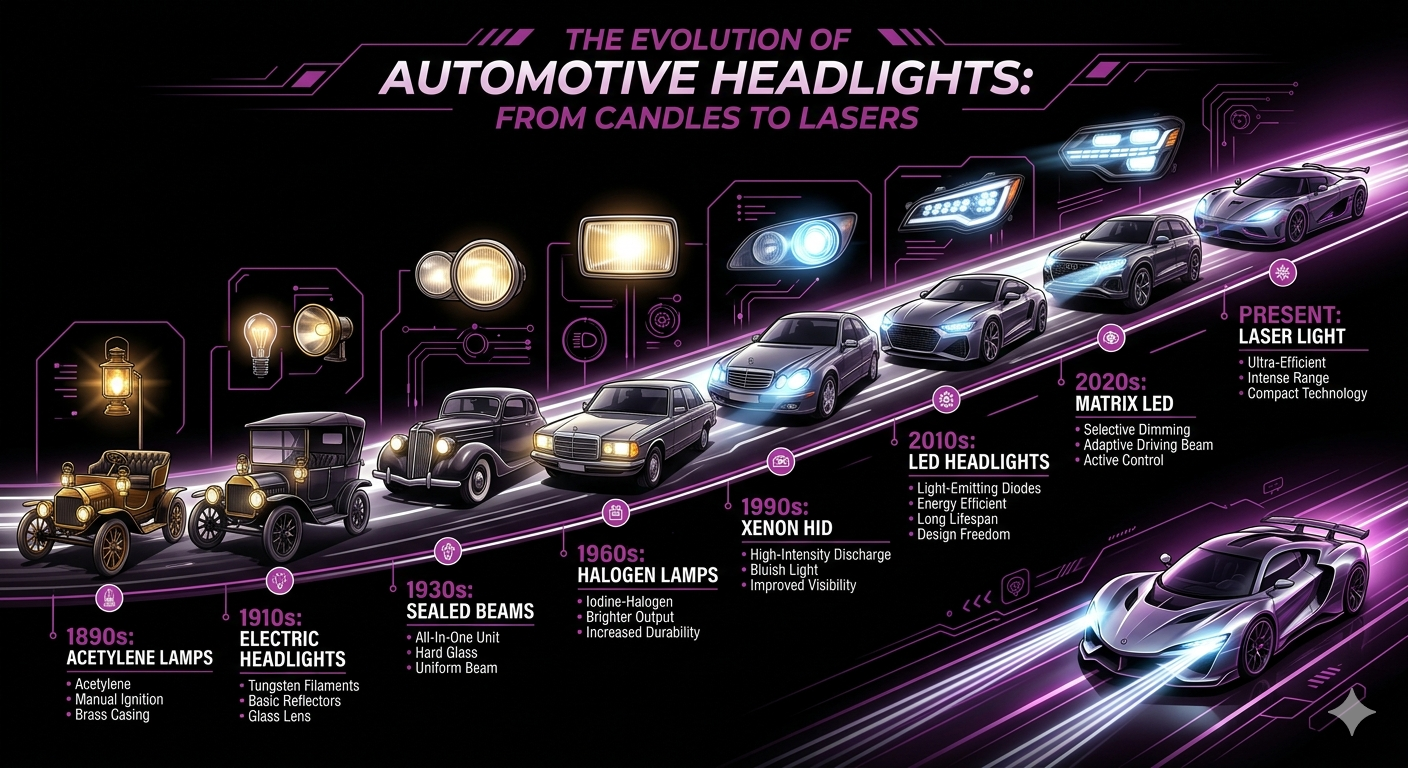 Инфографика за еволюцията на автомобилното осветление и фарове.